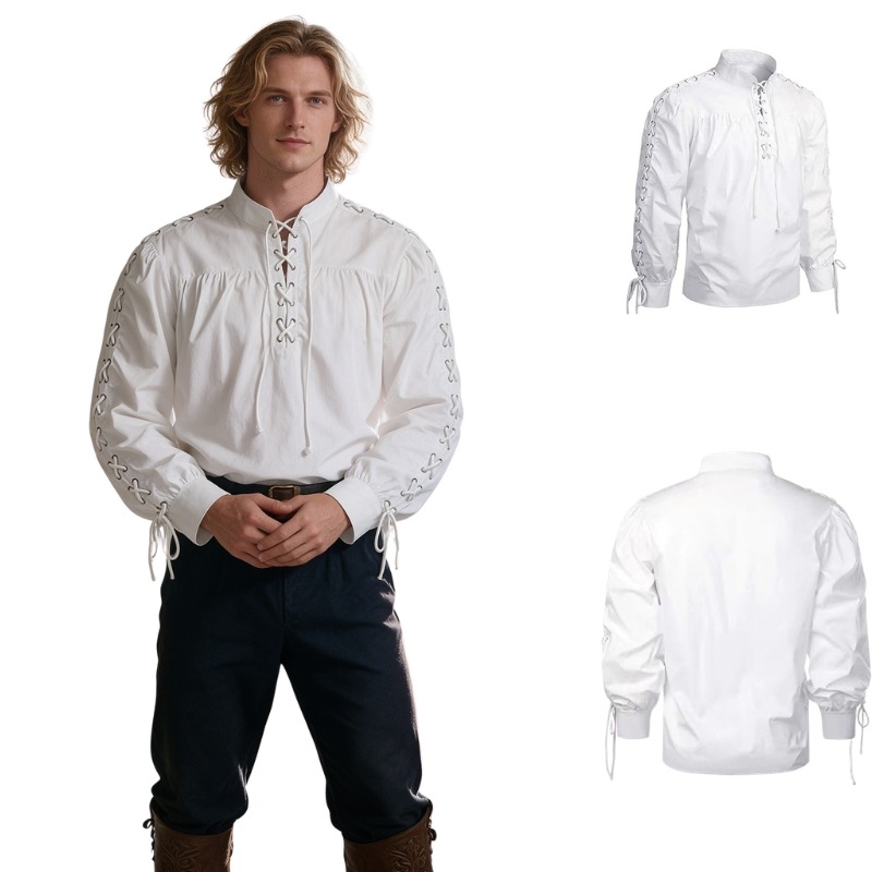 Medieval Gothic Lace Up Pirate Shirt - Kemeja Lengan Panjang Kerah Tinggi Model